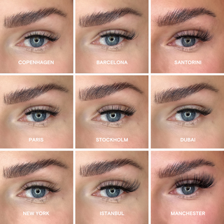 9 Nahaufnahmen, die verschiedene Magnetwimpern-Styles zeigen, um den Vergleich auf einen Blick zu ermöglichen. Perfekte Darstellung, um den richtigen Look zu finden.