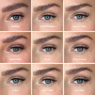 9 Nahaufnahmen, die verschiedene Magnetwimpern-Styles zeigen, um den Vergleich auf einen Blick zu ermöglichen. Perfekte Darstellung, um den richtigen Look zu finden.