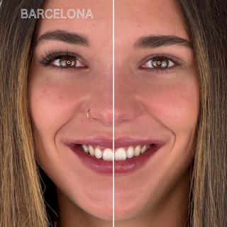 Vergleichsbild eines Gesichts: linke Seite mit dem Barcelona-Magnetwimpern-Stil für einen natürlichen, aber definierten Wimpern-Look, rechte Seite ohne Magnetwimpern.