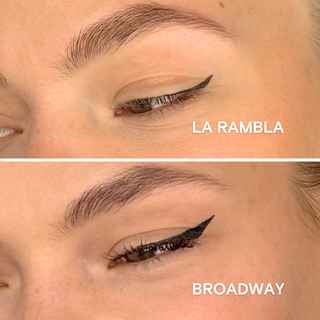 Vergleichsbild der Sylwa Perfect Wing Stamp Eyeliner-Stile: oben 'La Rambla' mit einem feinen und dezenten Wing, unten 'Broadway' mit einem dramatischen und kräftigen Wing. Perfekt für unterschiedliche Looks und Anlässe.