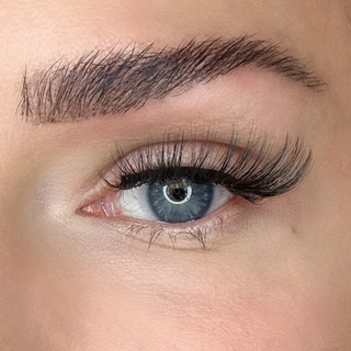 Nahaufnahme des Auges mit dem Sylwa Magnetwimpern-Stil 'Istanbul,' für einen dramatischen Cat-Eye-Look mit intensiver Länge. Die Wimpern verleihen dem Augenaufschlag eine starke Definition und ausdrucksvolle Eleganz.