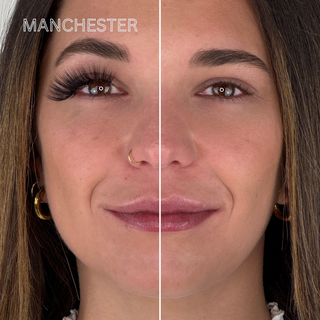 Vergleichsbild eines Gesichts: linke Seite mit dem Manchester-Magnetwimpern-Stil für einen extra-voluminösen XXL Wimpern-Look, rechte Seite ohne Magnetwimpern.