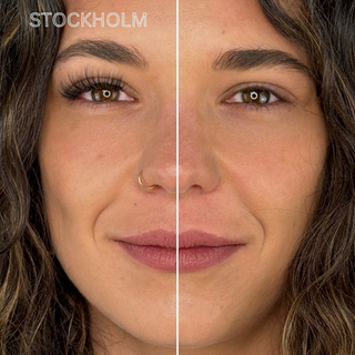 Vergleichsbild eines Gesichts: linke Seite mit dem Stockholm-Magnetwimpern-Stil für voluminöse und geschwungene Wimpern, rechte Seite ohne Magnetwimpern.